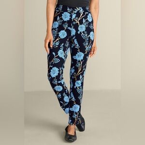 NWT Soft Surrounding Chinoiserie Ponte Pants XLP Black Blue Floral Gold Foil